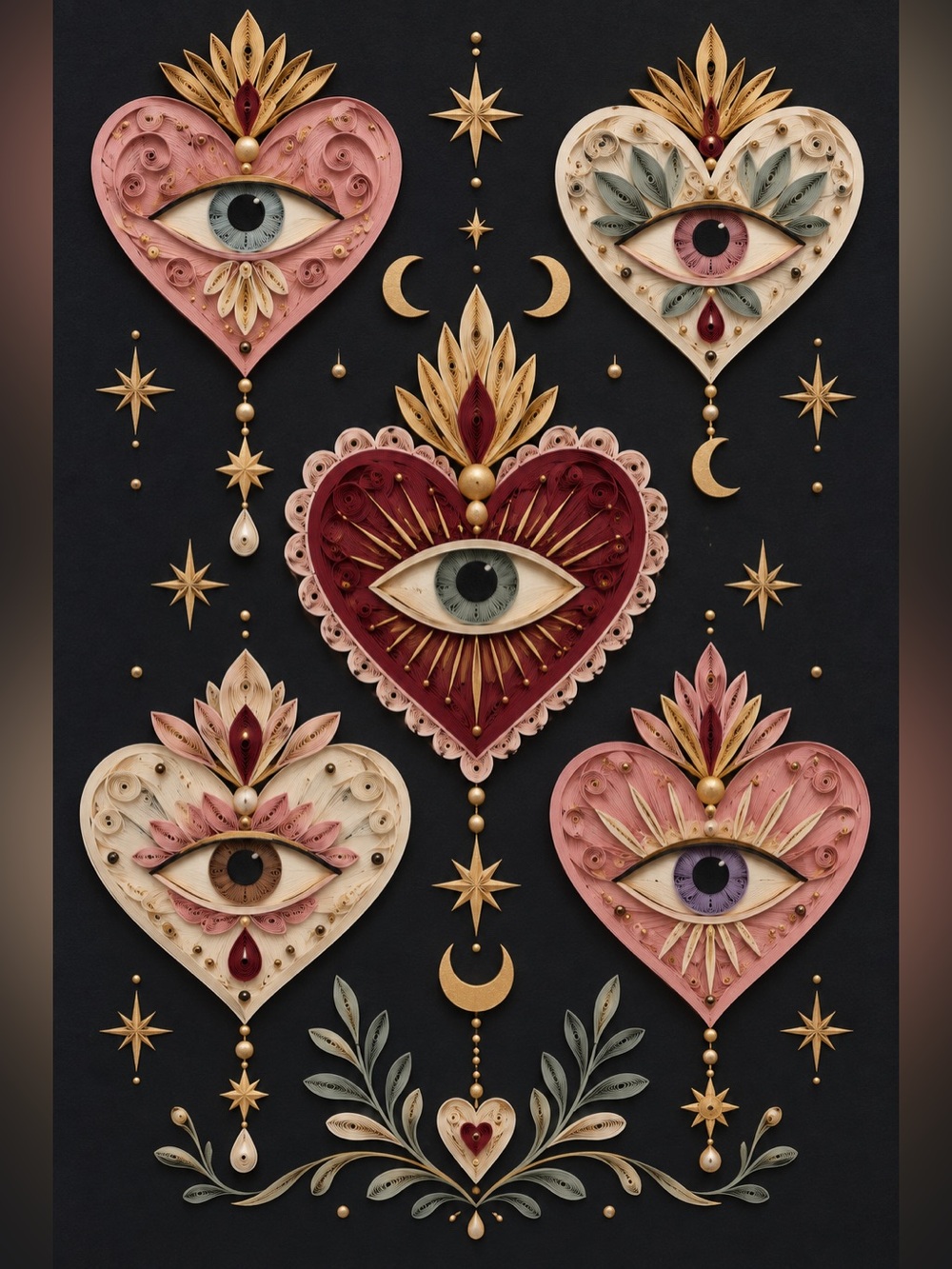 4x6 Framed Celestial Heart Eye Wall Art Trio in Pink, Red, Cream by